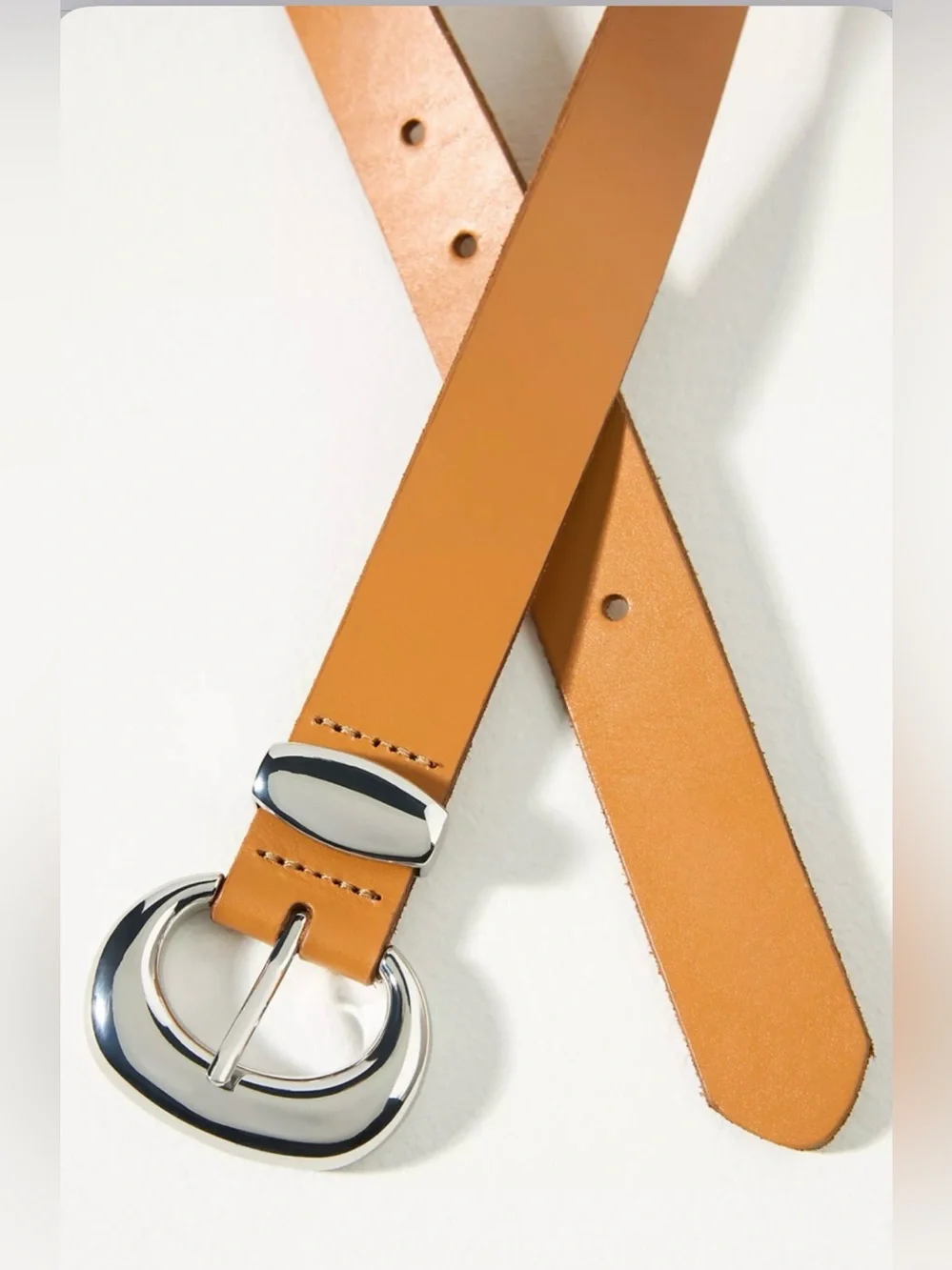 Anthropologie Cognac Leather Belt with Silver Oval Buckle